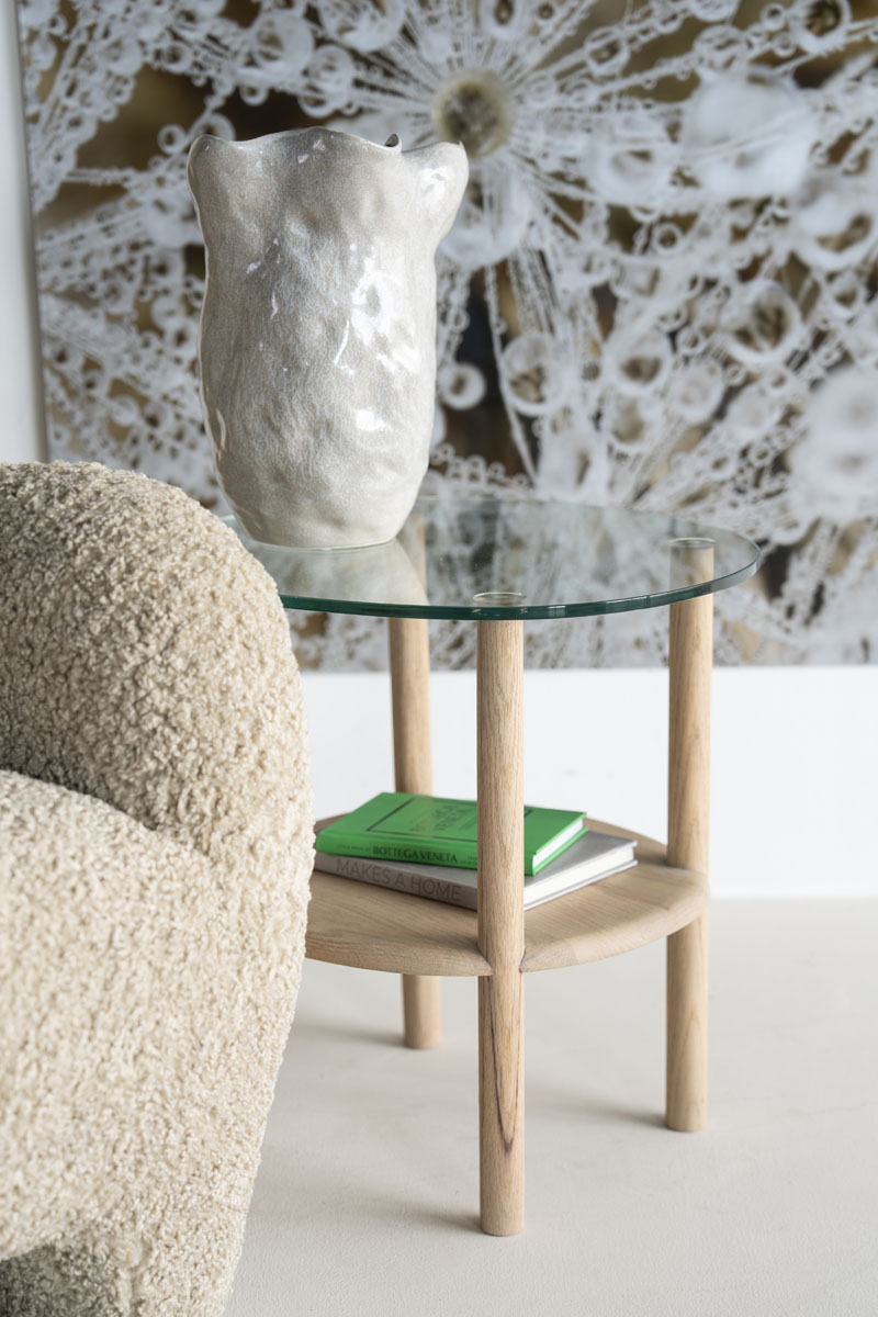 Organische Bijzettafel Cleo Glas en Eikenhout Naturel 50×45 cm